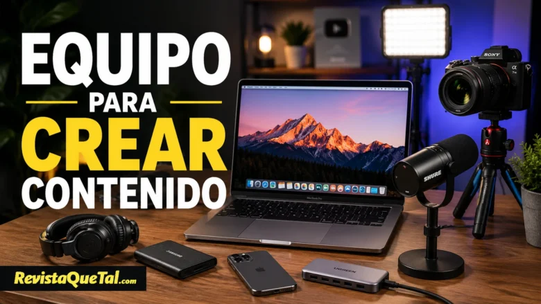 Equipo para crear contenido en redes sociales con computadora, cámara, micrófono y accesorios para grabar videos.
