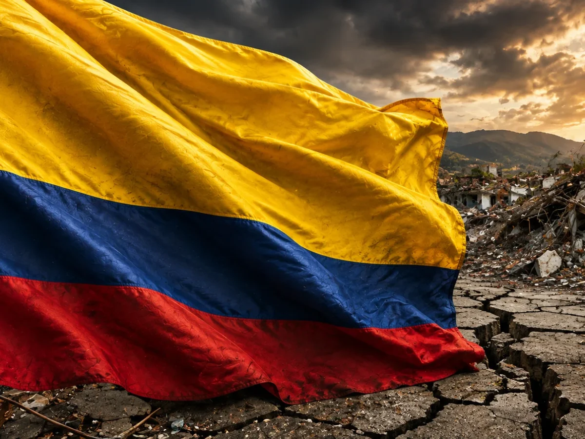 Bandera de Colombia junto a una representación de los daños causados por el terremoto