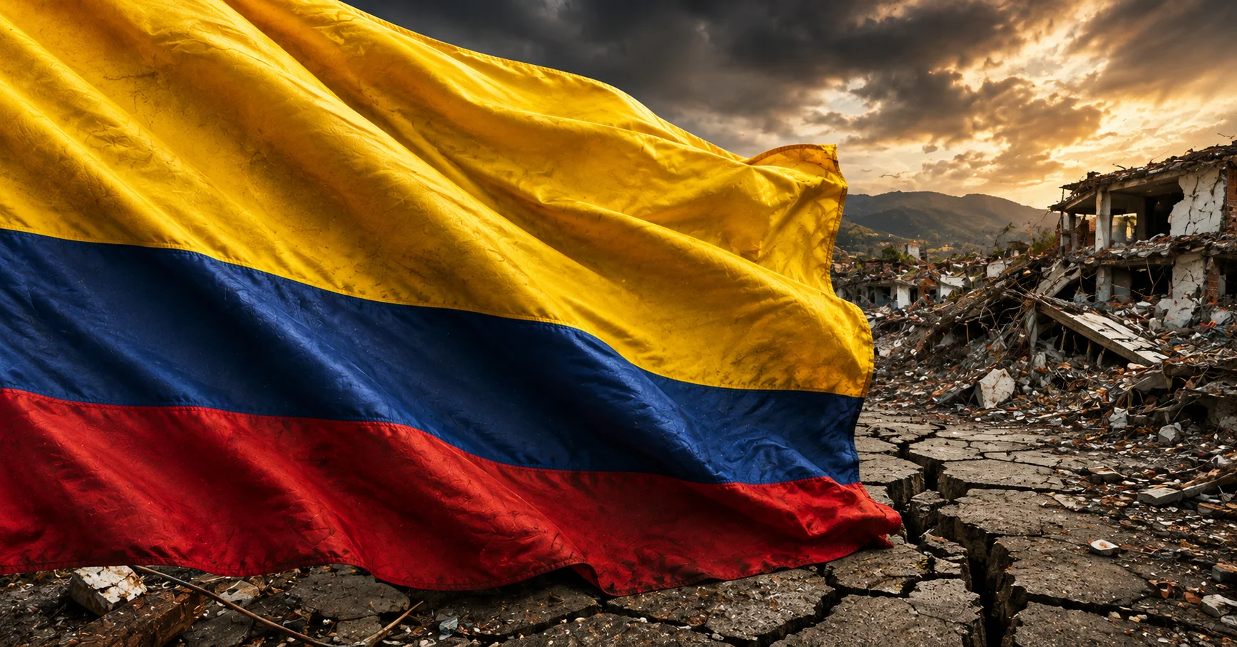Bandera de Colombia junto a una representación de los daños causados por el terremoto