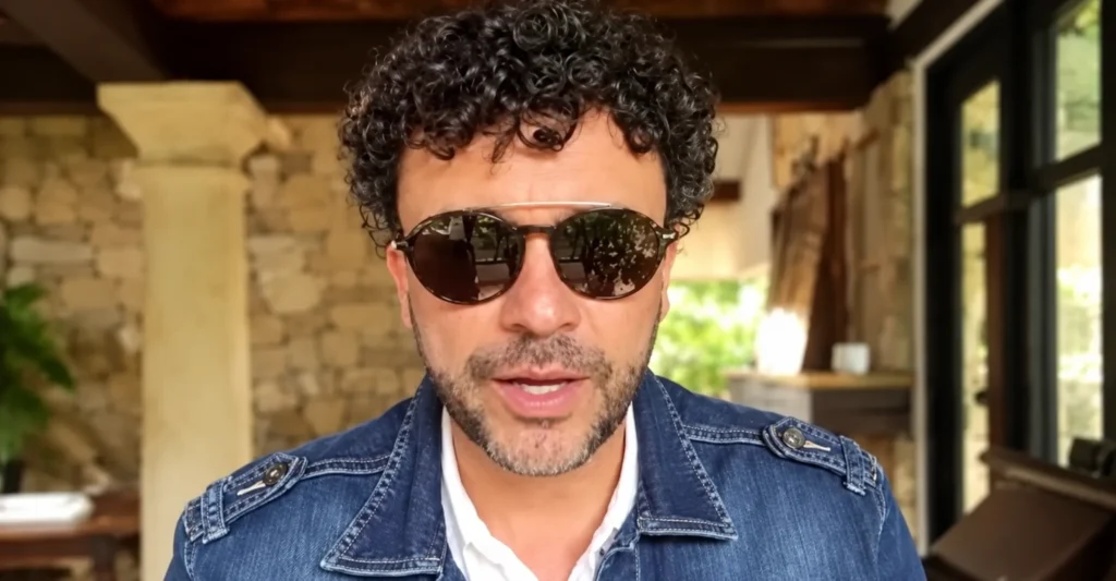 Andrés Cepeda, cantante colombiano, con gafas de sol y chaqueta de jean. Fotografía del archivo de Revista Que Tal.
