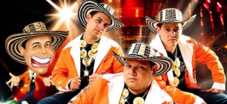 Los Cantores de Chipuco: Karval, Koko, Koronel y May Gaviria con sombreros vueltiaos y vestuario naranja.