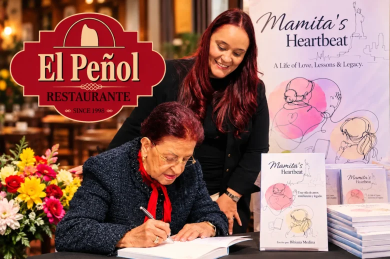 Marina Balbín firma un libro junto a su nieta Bibiana Medina, escritora de El Latido de Mamita, durante el lanzamiento en Boston.