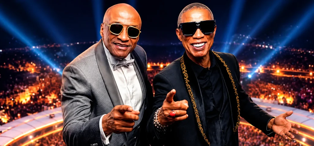 Alexis Lozano y Nino Caicedo, figuras principales de Guayacán Orquesta, agrupación colombiana de salsa.